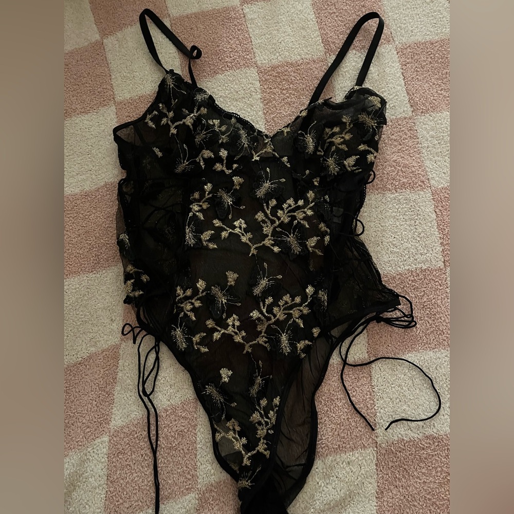 Sheer Black Floral Embroidered Bodysuit